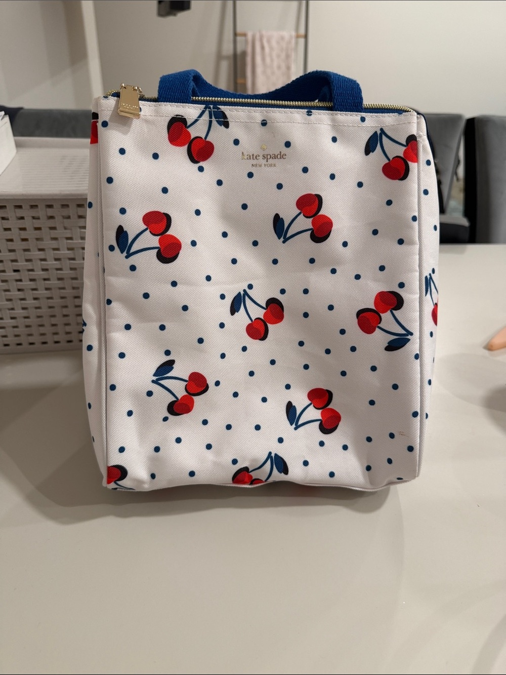 kate spade lunch bag white with Red Cherry and Navy Dot Print